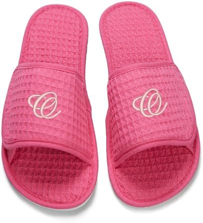 Embroidered Waffle Weave Spa Slippers - Small, Pink, Initial