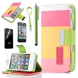 Pandamimi ULAK Colorful PU Leather Wallet Type Magnet Design Flip Case Cover for IPhone 4 4G 4S with Screen Protector+ Stylus
