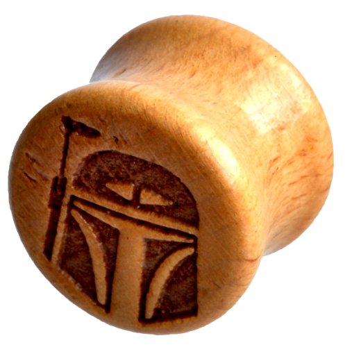 Wooden Ear Plug with Star Wars Boba Fett Sold As a Pair -00 Gauge -1/2" - 9/16" - 5/8" - 11/16"