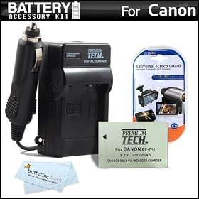Battery And Charger Kit For Canon VIXIA HF R300 Digital Camcorder Includes Extended Replacement (2000Mah) BP-718 Battery + Ac/Dc Rapid Travel Charger + MicroFiber Cloth + More (Replaces Canon BP-709, BP-718, BP-727)