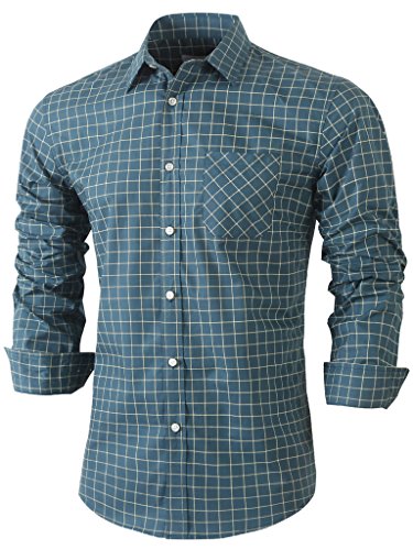 Emiqude Mens Casual Slim Fit Long Sleeve Pocket Inner Contrast Plaid Dress Shirt Large Blue