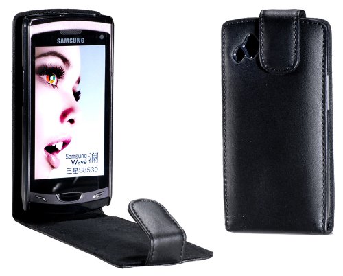 MaryCom PREMIUM QUALITÄT Leder Handytasche schwarz für Samsung Wave II S8530 Smartphone + Gratis Displayschutzfolie