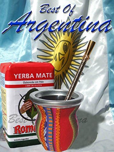 ARGENTINA MATE KIT: ARGENTINA MATE KIT: Gourd glass inside, indian style fabric covered + Metal nickel straw (w/filter) + Yerba Mate Herb Tea