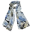 100% Luxurious Charmeuse Silk Newsprint Collage Long Scarf Shawl - Blue