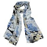 100% Luxurious Charmeuse Silk Newsprint Collage Long Scarf Shawl - Blue
