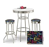 IMAGE OF Chrome Bar Table & 2 Chrome Beatles Rainbow Fabric Seat Barstools