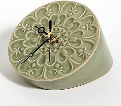 Celadon Porcelain Pottery Ceramic Lotus Flower Design Silent Rotating Sweep Second Shelf Wall Mount Table Desk Art Green Home Deco Quartz Analog Clock