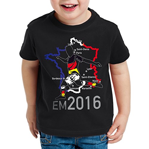 style3 EM 2016 Deutschland Fan Kinder T-Shirt Frankreich alle Spielorte, Farbe:Schwarz;Größe:140