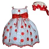 Newborn Girl Dress - Red Flower Embroidery on White Sheer w/ Hat (0/3M - 18M) NEW