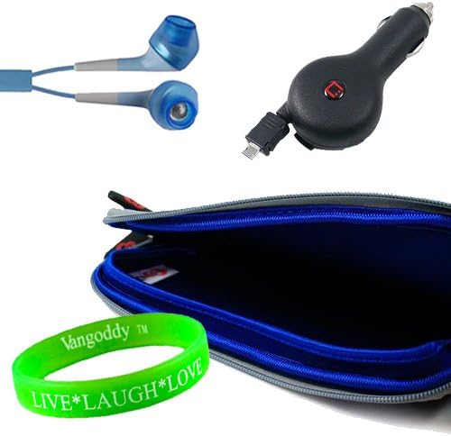 Blue Dual-Pocket Neoprene Sleeve for Nook Protective Carrying Case for Barnes & Noble Nook Color 7 inch WIFI + Blue Earphones + Compact Retractable Car Charger + Live * Laugh * Love Vangoddy Wrist Band!!!
