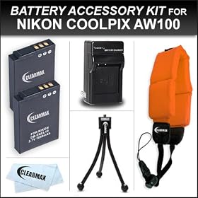 Clearmax® 2 Pack Battery and Charger Kit for Nikon Coolpix AW100 Waterproof Digital Camera Includes 2 Extended Replacement EN-EL12 Batteries + Ac/Dc Travel Charger + Floating Strap + Mini Tripod + Microfiber Cleaning Cloth