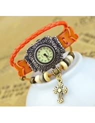 KANO BAK(TM) Retro Bronze Women Ladies Weave Wrap Lucky Cross Leather Bracelet Bangle Quartz Gift Watch Orange