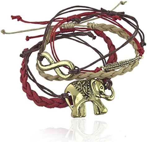 Crystalbella Creative Woven Tribal Elephant Infinity Metal Leaf Arm Candy Bracelet Set Gift Jewelry