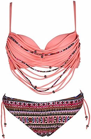Telaura Neon Push Up Tassel Brazilian Bikini Swimsuit Low Waist Print Swimwear (M, Orange)