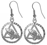 Alcoholics Anonymous Recovery Symbol Earrings #707-6, 11/16 Wide and 1-7/16 Tall, Sterling Silver, Praying Hands with AA Symbol in a Diamond Cut Circle