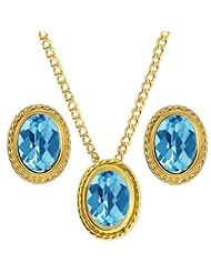 2.85 Ct Oval Checkerboard Swiss Blue Topaz 925 Yellow Gold Plated Silver Pendant Earrings Set