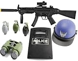 MP5 Toy Gun Wish sounds, lights, vibrations COMBO with Magnifying Binoculars, SWAT Helmet, SWAT Riot Shield toy Guns for kids, 3 Realistic sounding and exploding Grenades for kids with removable pins