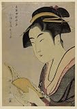 Poster of historic Japanese Art: a head-and-shoulders portrait of a woman reading a book
