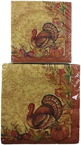 Creative Converting Amber Turkey Party Napkins - 3-Ply Square Dinner Napkins (16) and Beverage Napkins (16)