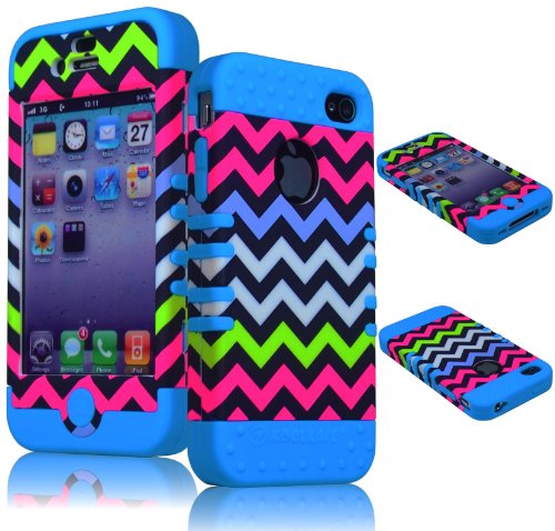 BasTexWireless Bastex High Impact Hybrid Rocker Case for Apple iPhone 4, 4s - Sky Blue Silicone with Pink, Blue, White, & Green Neon Colored Chevron Design Hard Shell