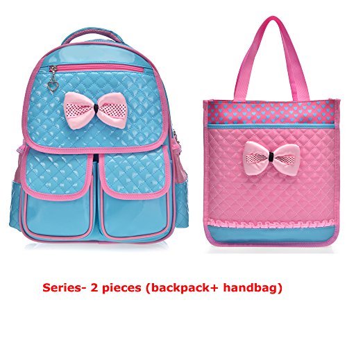 Mlife Children School Backpack Bags for Primary Girls Students Patent Leather Bow Bag (Blue backpack+ handbag)