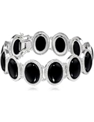Sterling Silver 14x10mm Oval Black Agate and Diamond Accent Bracelet, 7.25"
