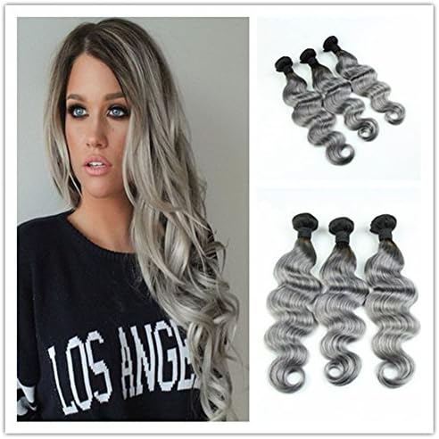 Angelbabyhair Black Grey Hair Weave Two Tone Ombre 1b/Silver Gray Brazilian Human Hair Weaving 3 Bundles For Full Head(22 22 22inches)