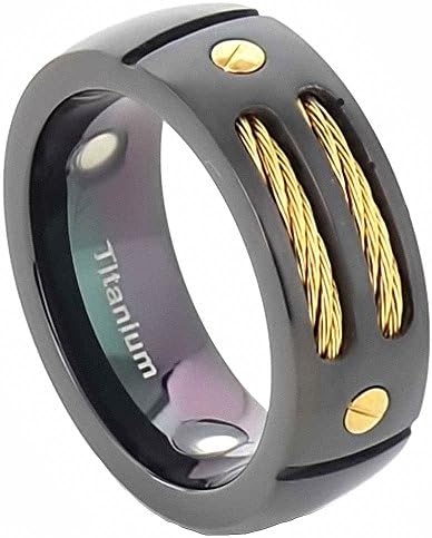 8mm Men's Black Titanium Ring Wedding Band with Stainless Steel Cables and Screw Design Wedding Ring