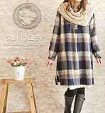 SUN VALLEYネルチェック柄1つボタン付キーネック長袖ワンピース