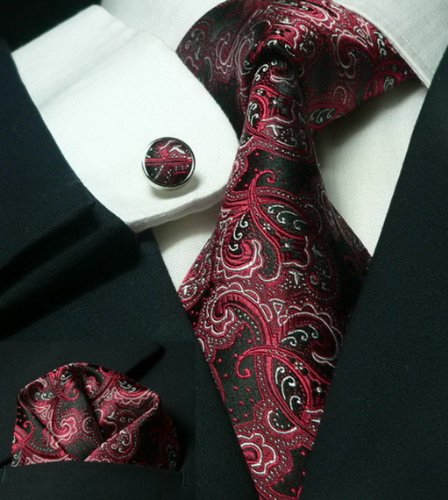 Landisun 32E Red Black Paisleys Mens Silk Tie Set: Tie+Hanky+Cufflinks Exclusive