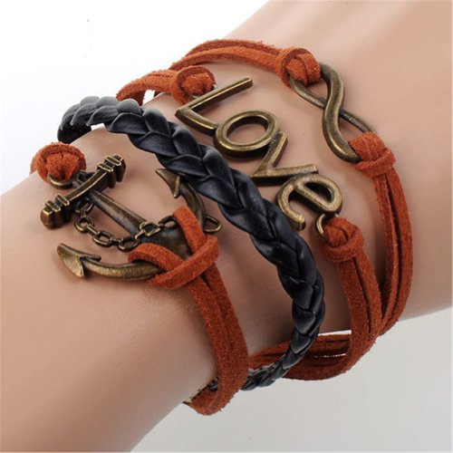 HUMASOL Bronze Infinity Lady Retro Knit Cross Love/Rudder Anchor/Love Charms Suede Wrap Bracelet Gift
