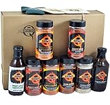 The Pit Master - Gift Basket is the best of the Backyard Grill BBQ Gift Basket - Spices & Sauce 11pcs set. What you get in this gift box: A Shaker of Killer Bee Rub (Honey Rub) - Killer Bee Chipotle (Honey Rub) - Dirty Bird Rub - Dirty Bird HOT Rub - Cow Cover Rub - Texas Beef Rub And a bottle each of - Competition BBQ Sauce - Sweet Apple Chipotle BBQ Sauce 2 - Kosmo's Drink Coasters 1 - Kosmo's Drink Koozie