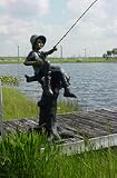 Boy Fishing on Tree with Dog Bronze Garden Statue - 70