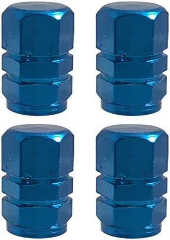 Hexagon Style Polished Aluminum Blue Chrome Tire Valve Stem Caps (Pack of 4) by Kar People