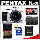 Pentax K-x Digital SLR Camera (White) with 18-55mm Zoom Lens + 8GB SDHC Card + AA Batteries & Charger + Case + Accessory Kit