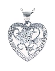 925 Sterling Silver cubic zirconia Filigree HEART pendant 18 inch Cable Chain Rhodium Plated Gift boxes