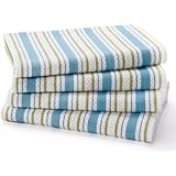 Cotton Craft - 4 Pack Oversized Kitchen Towels, 20x30 - Periwinkle, Pure 100% Cotton, Crisp Basket weave striped pattern, Convenient hanging loop - Highly absorbent, Professional Grade, Soft yet Sturdy
