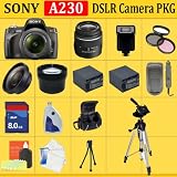 Sony Alpha A230 Digital SLR with 18-55mm Lens + Huge Accessories Package Including Wide Angle Macro Lens + 2x Telephoto + 3 Pc Filter KIT + 8gb Sdhc Memory Card + 2x Extended Life Batteries + Carrying Case + Tripod & Much More!!