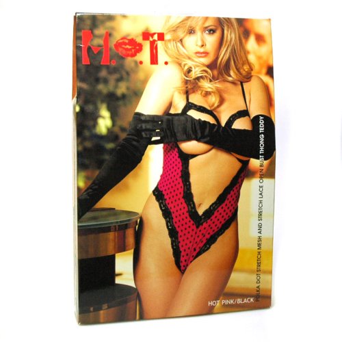 Sexy POLKA DOT STRETCH MESH AND STRETCH LACE OPEN BUST THONG TEDDY Lingerie