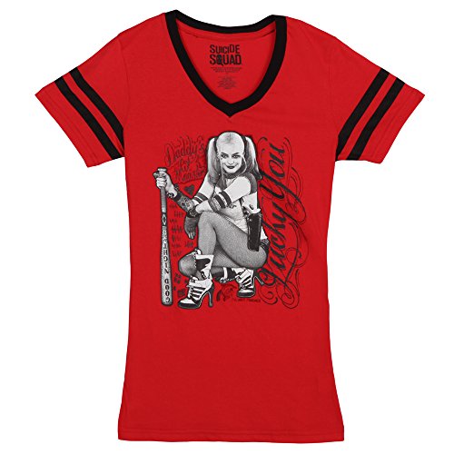 Suicide Squad Harley Quinn Lucky You V-Neck Jrs Tee (L, Red)