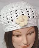 Hand Crocheted White Cotton Skull Cap for Women and Teens Trimmed with Ivory Velvet Flower