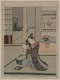 Vinyl Sticker of historic Japanese Art: a young man practicing on a tsuzumi; wall hanging in the background shows the figure of a man, possibly Hotei, one of the seven lucky gods