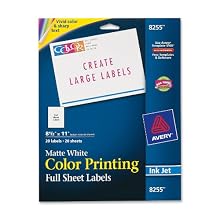 Avery Color Printing Labels for Inkjet Printers, Matte White, 8.5 x 11 Inch, Pack of 20 (08255)