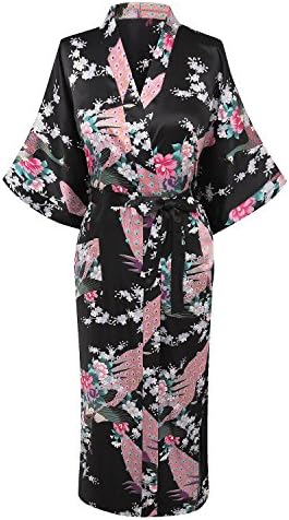 AIEM Women's Peacock & Blossoms Printed Silk Satin Kimono Robe,Long