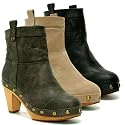 New Womens Clog Wooden Heel Ankle Boots