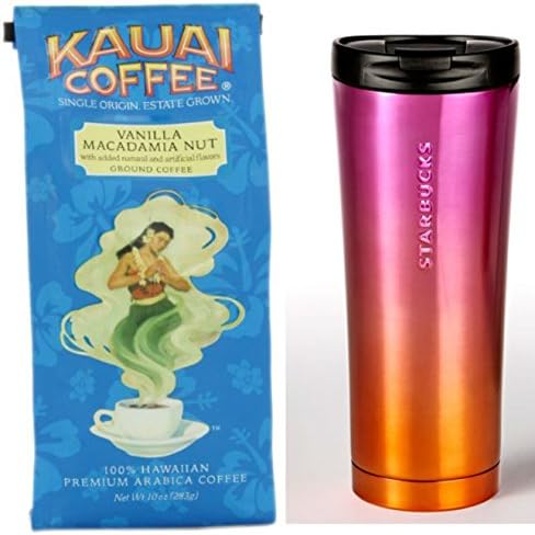 Kauai Coffee Vanilla Macadamia Nut medium roast ground coffee from Kauai Coffee Company, plus one Starbucks tropical colored 10 oz traveler mug.