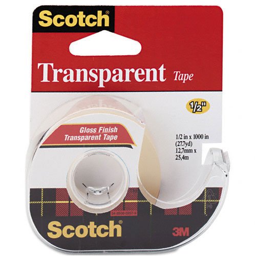 ScotchÂ® Transparent Glossy Tape with Hand Dispenser, 1/2 x 1000, Clear