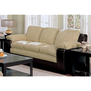 Sofa Couch in Beige Microfiber Dark Brown Vinyl