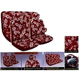 A Set of 8 Piece Hawaiian Floral Print Seat Cover Set - 2 Hibiscus Red Low Back Front Bucket Seat Cover, 2 Hibiscus Red Separate Headrest Cover, 1 Hibiscus Red Bench, 1 Hibiscus Red Steering Wheel Cover, and 2 Hibiscus Red Shoulder Pad