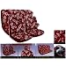 A Set of 8 Piece Hawaiian Floral Print Seat Cover Set - 2 Hibiscus Red Low Back Front Bucket Seat Cover, 2 Hibiscus Red Separate Headrest Cover, 1 Hibiscus Red Bench, 1 Hibiscus Red Steering Wheel Cover, and 2 Hibiscus Red Shoulder Pad